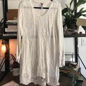 Johnny Was Boho Ivory Embroidered L/S Mini Dress